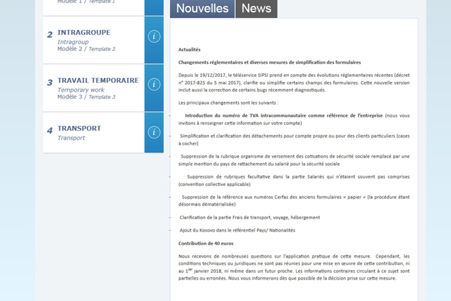 Screenshot der Mitteilung für angemeldete Benutzer auf dem französischen Meldeportal SIPSI.